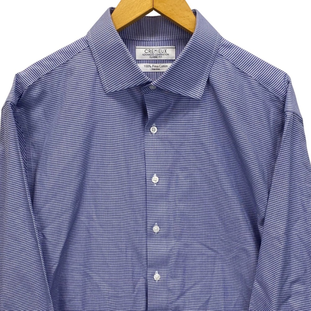 CREMIEUX Mens Navy White Houndstooth Classic Fit Pima Cotton Dress Shirt 17.5 34